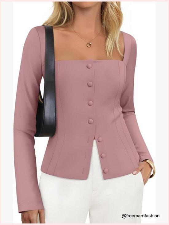 Jackets & Blazers - Women's Square Neck Fitted Blazer Long Sleeve Slim Fit Business Casual